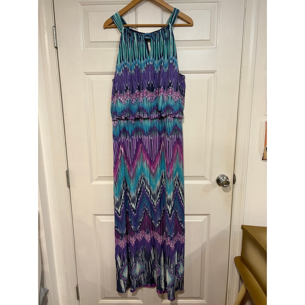 Chicos Purple Blue Ikat Chevron Halter Maxi Dress XL 16 Blouson Bright‎ Colorful